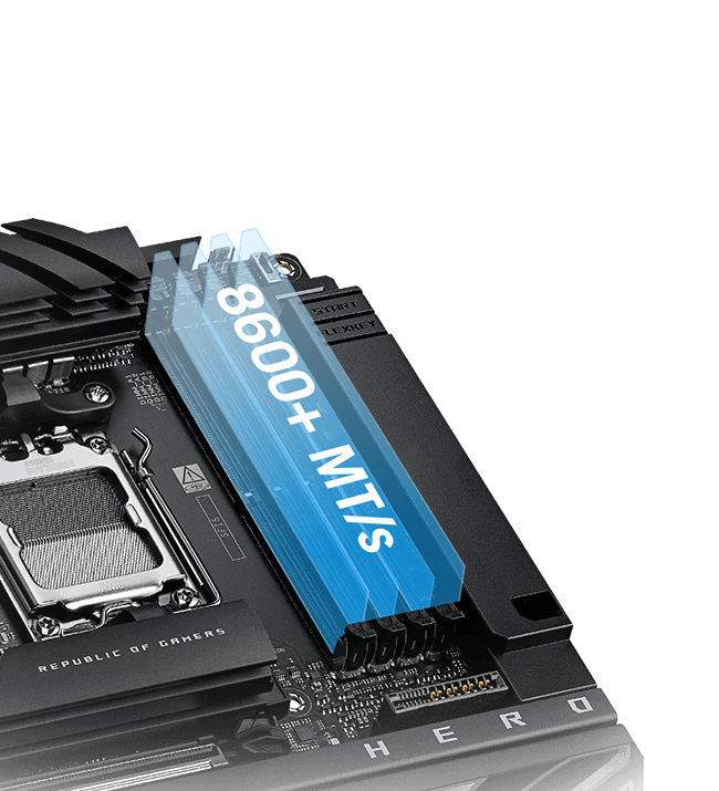 ROG Crosshair X870E Hero BTF 可让您将内存超频至 8600+ MT/s。