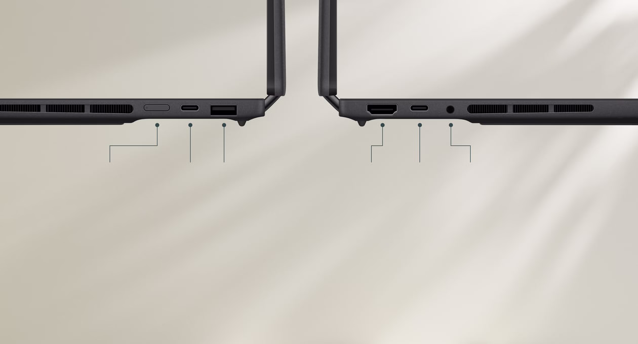 图片显示 ASUS灵耀双屏的侧视图，突显其连接选项。由左至右的 I/O 接口：电源键、Thunderbolt™ 4 USB-C、USB 3.2 Gen 2 Type-A、HDMI 2.1、Thunderbolt™ 4。