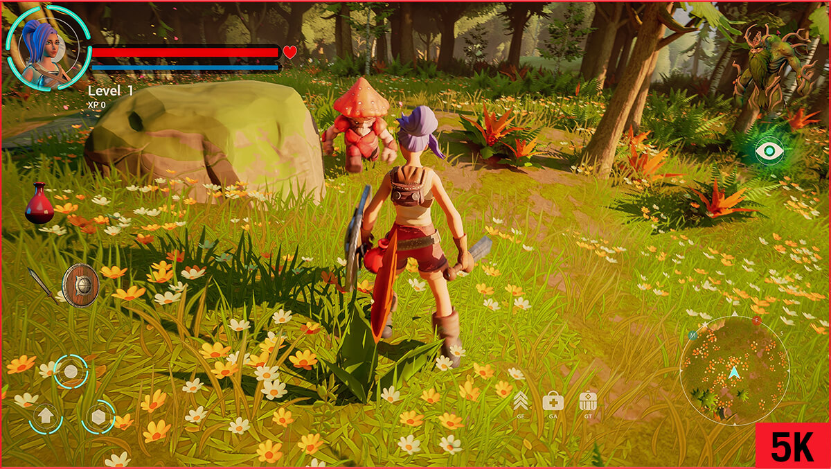 图像左侧展示的是在标准全高清显示器上可见的游戏画面，而整个图像则呈现了5K显示器提供的扩展视图，其可见区域增加了77%。