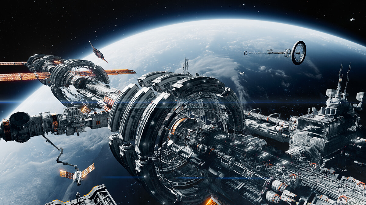 太空中的卫星特写镜头。左侧为高分辨率5K版本，色彩饱满且细节精致。右侧为分辨率较低的全高清版本，细节表现较弱。