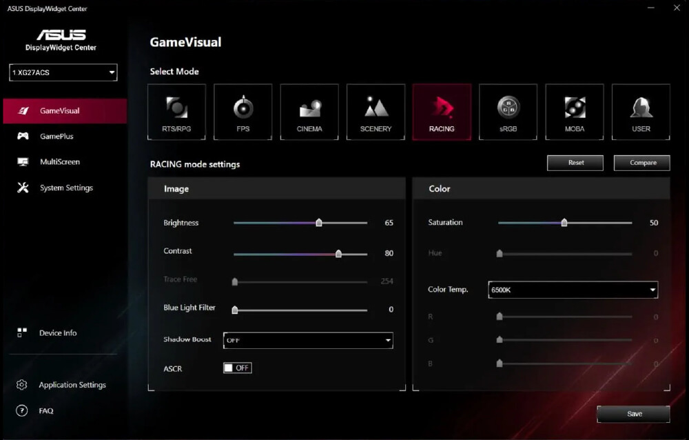 展示全新 ASUS DisplayWidget Center 系统设置界面的截图.