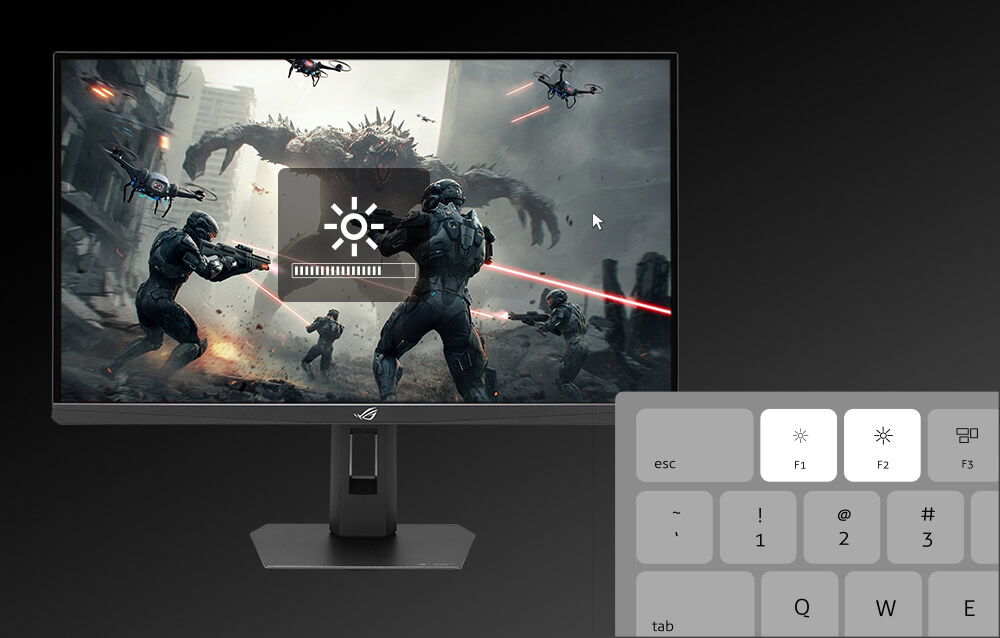 左: XG27JCGC显示器，带亮度调节窗口。右下角：配备F1和F2键的Mac键盘，用于调节亮度。