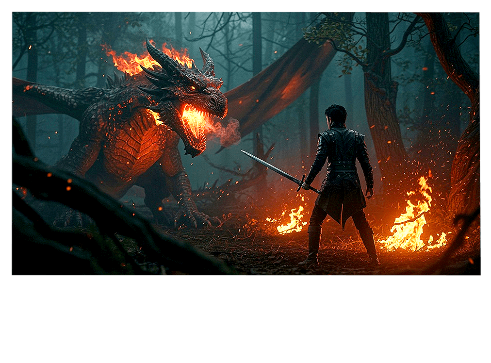 一名战士站在喷火巨龙面前。这幅图像色彩丰富且细节精美。