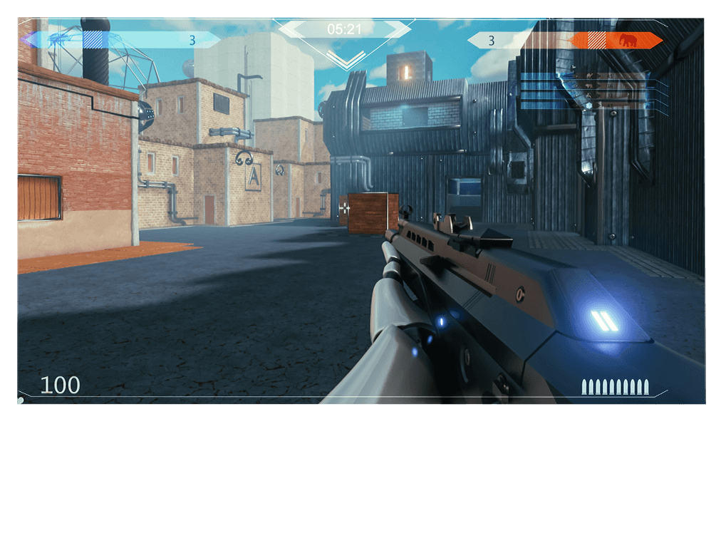 射击游戏中的一个场景，画面右下角有一把枪正瞄准前方目标。