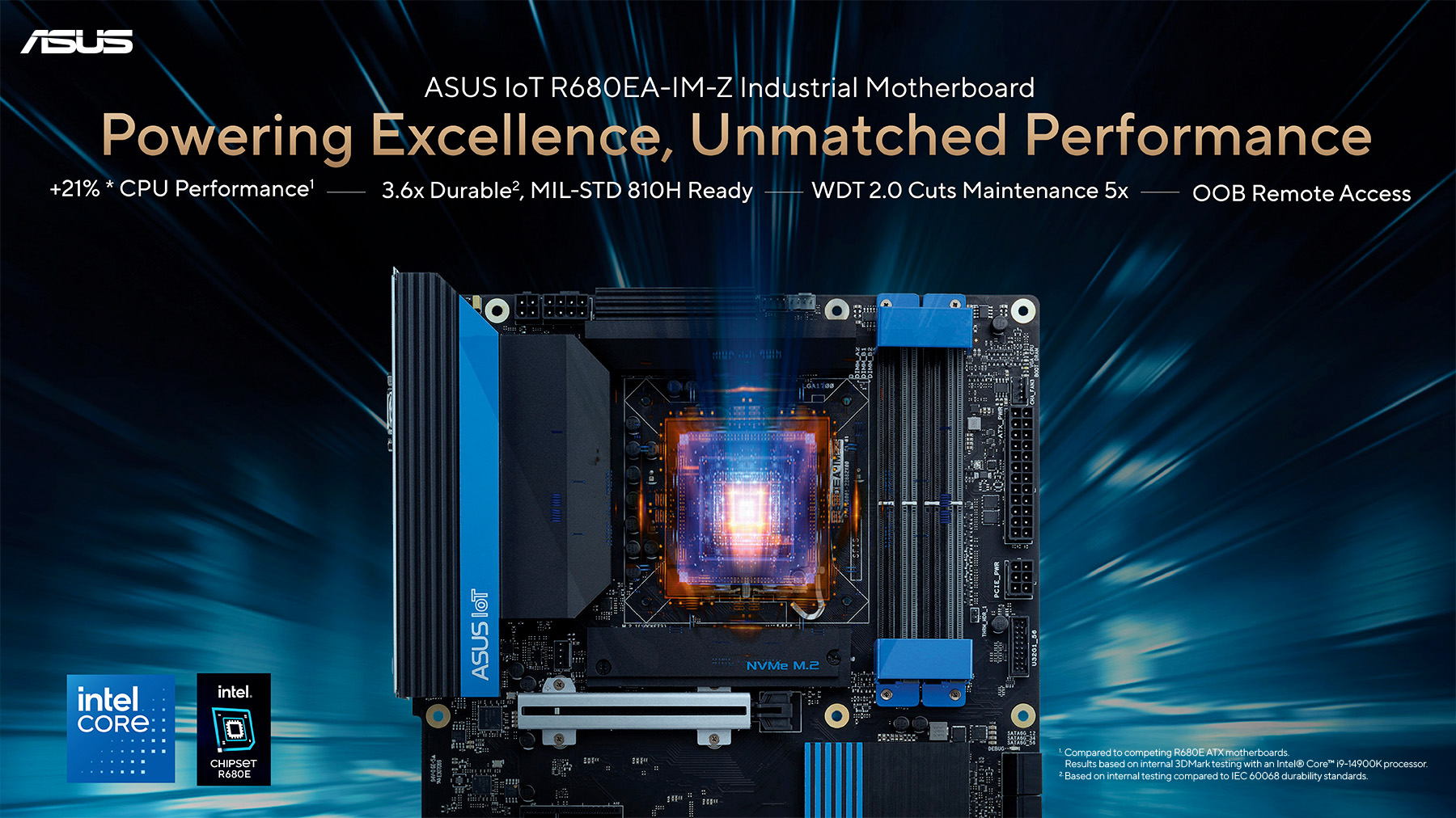 ASUS industrial motherboard with glowing central CPU, emphasizing high durability and performance. Text highlights Intel Core compatibility and advanced features.