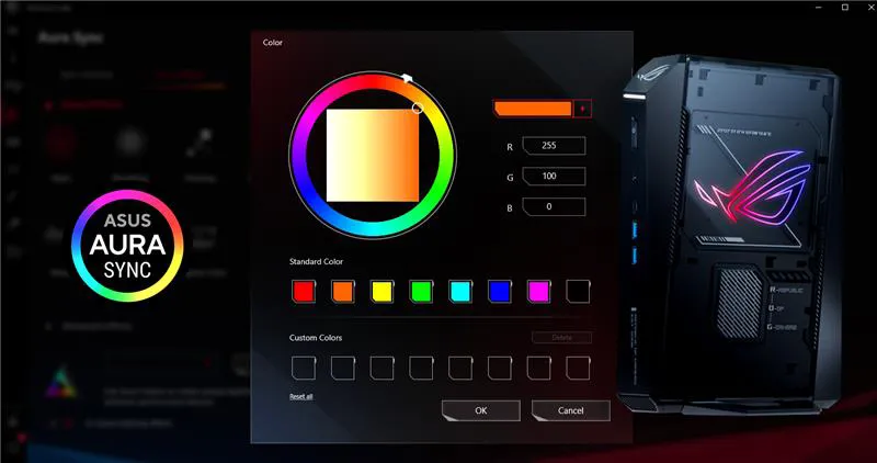 粉色和黄色条纹 LED 灯映衬下的迷你游戏电脑 ROG GR70