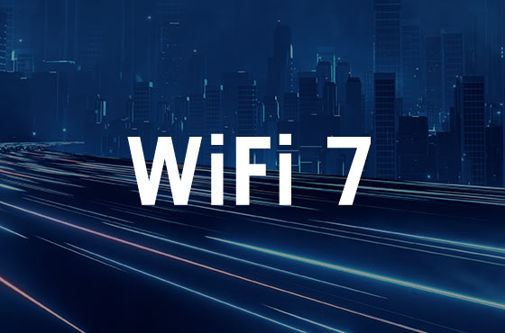 城市夜景背景下的 WiFi 7 文字与 LED 灯