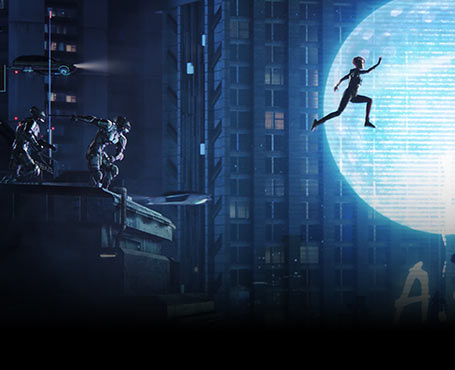 电子游戏场景:一群人在追逐战中,一人跳下悬崖