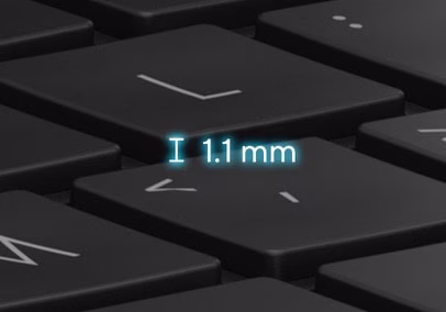 ErgoSense 键盘特写，突显 1.1 mm 长键程。