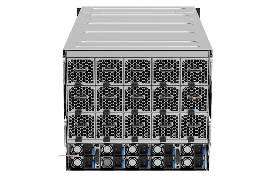 服务器后面板视图，显示 15 个 GPU 风扇（54V，8080）和 10 个电源（54V，3200W）。