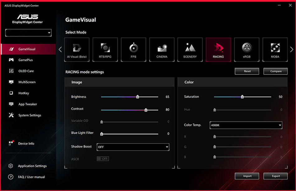 全新 ASUS DisplayWidget Center UI 屏幕截图,显示系统设定、OLED 功能等。