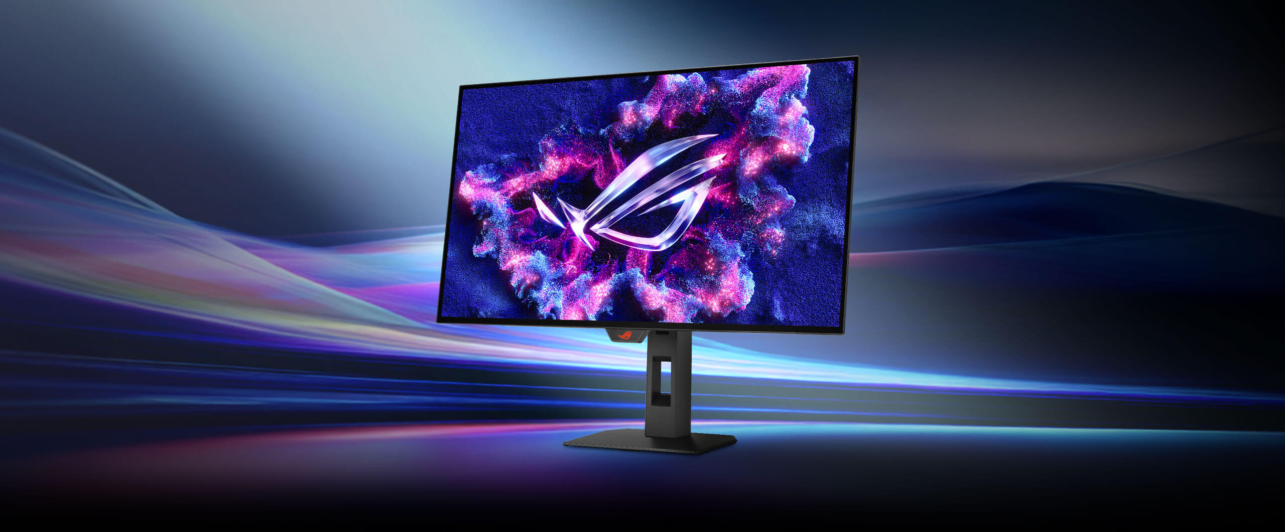 ROG STRIX OLED XG27AQWMG 的主要视觉效果显示右侧的显示器、背景中生动的霓虹灯条纹以及醒目的渐变文字 "影像再定义"。左侧为 "见证进化",下方为功能亮点,右下角为 "No.1 OLED for Gaming "图标。