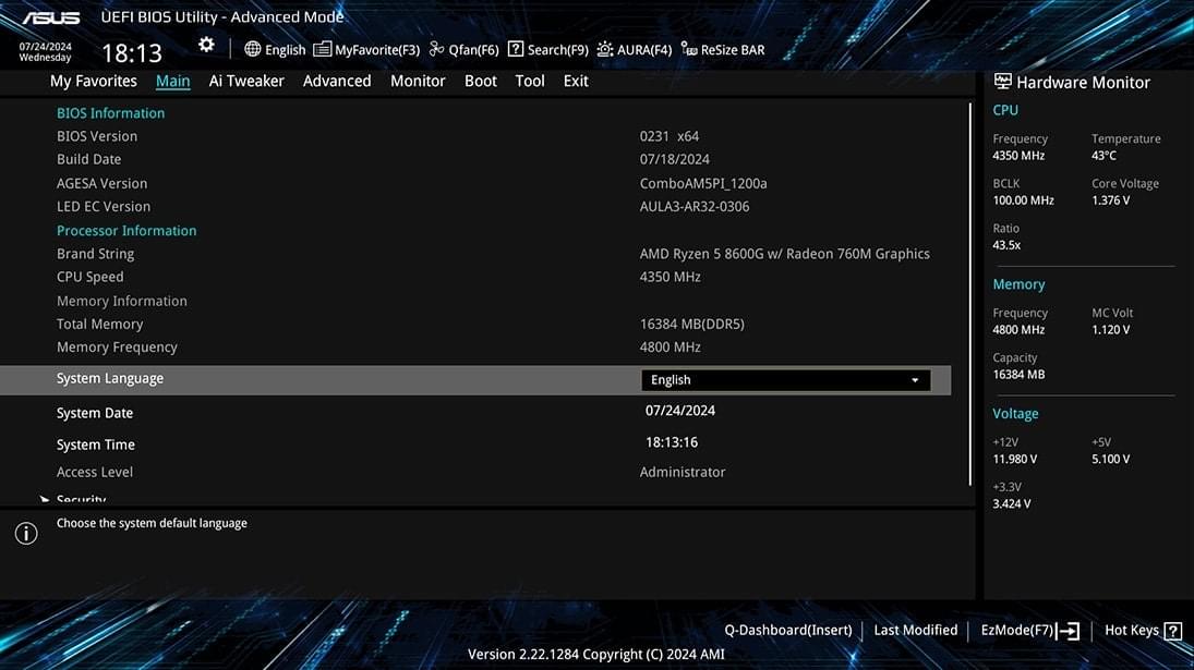 UEFI BIOS 高级模式用户界面。