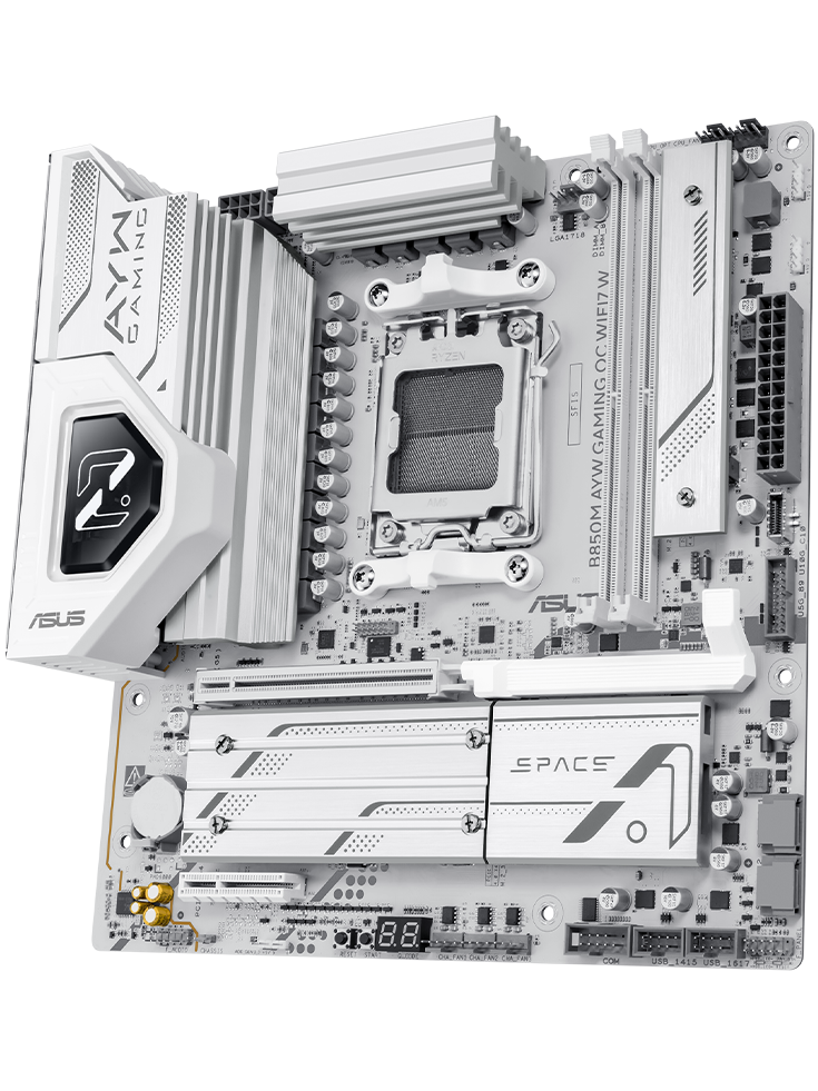 B850M AYW GAMING OC WIFI7 W 主板正面图，漂浮在太空中。