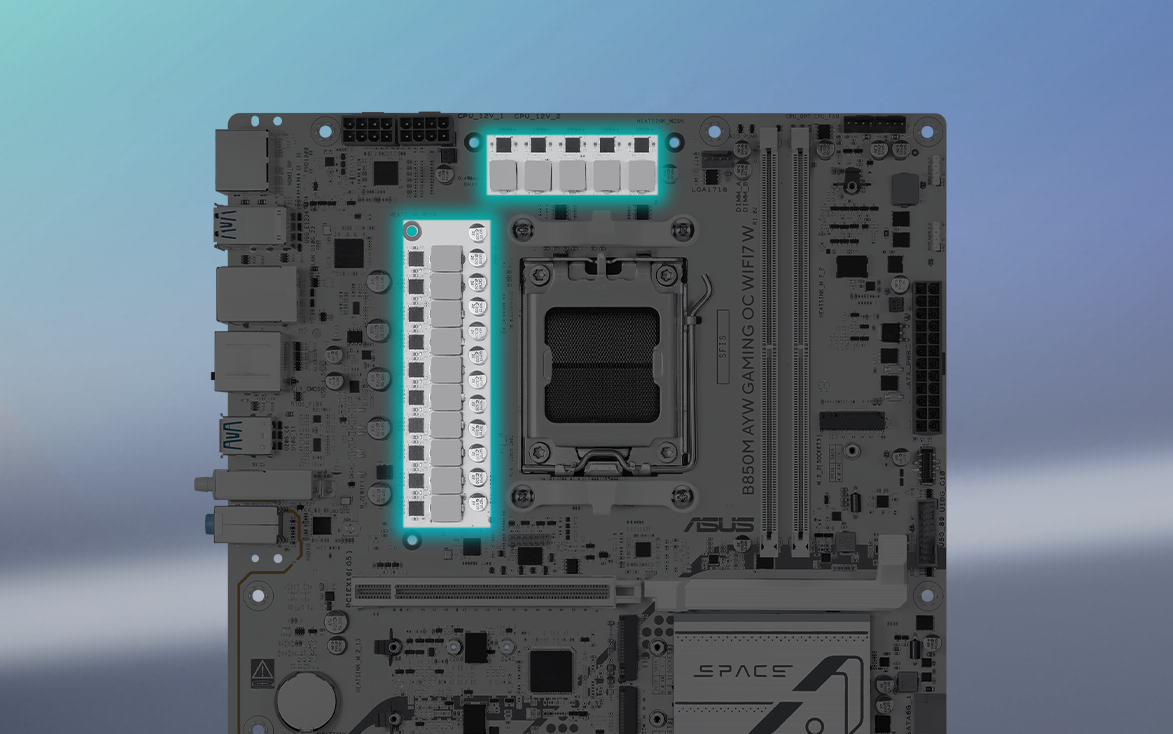 B850M AYW GAMING OC WIFI7 W 主板俯视图。