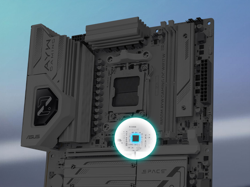 ASUS B850M AYW GAMING OC WIFI7 W motherboard with a highlighted and circled area indicating Clock Gen chip near the CPU socket, showcasing support for Asynchronous Clock functionality which helps unlock greater CPU potential and stability during demanding overclocking sessions.