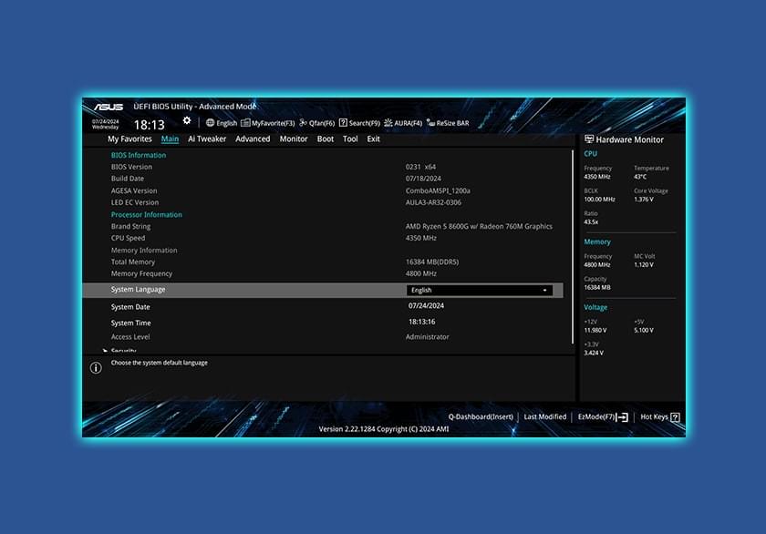 UEFI BIOS 高级模式用户界面。