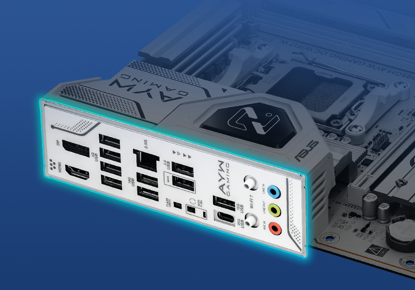 描述 B850M AYW GAMING OC WIFI7 W 预装 I/O Shield 的图片。