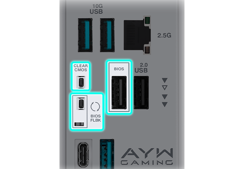 图示 B850M AYW GAMING OC WIFI7 W Clear CMOS & BIOS FlashBack 功能。