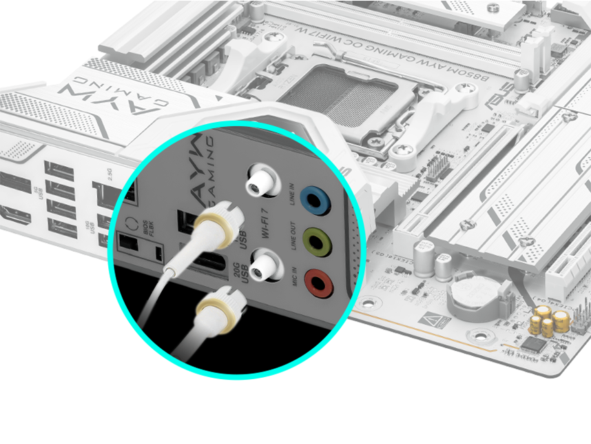 B850M AYW GAMING OC WIFI7 W 主板采用易拆式天线。