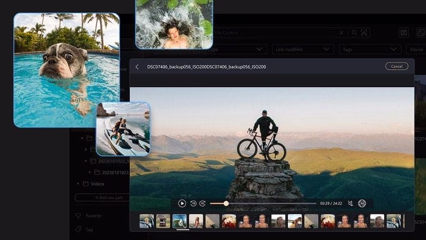 笔记本电脑屏幕画面显示一张冲浪照片的大型预览窗口，下方是一排缩图。此接口强调云端预览，以减少本机存储空间的使用量。 