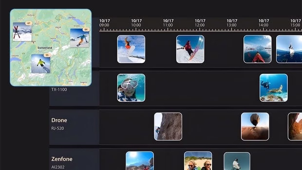 笔记本电脑屏幕画面显示一个按地点和时间排序的媒体库，其中包含一个小型地图检视。此接口强调便利的视频素材浏览功能。 
