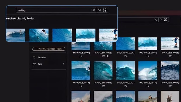 笔记本电脑屏幕画面显示搜索列和 GoPro 视频素材库。搜索接口包含文字和影像查询选项，可寻找特定媒体文件。 