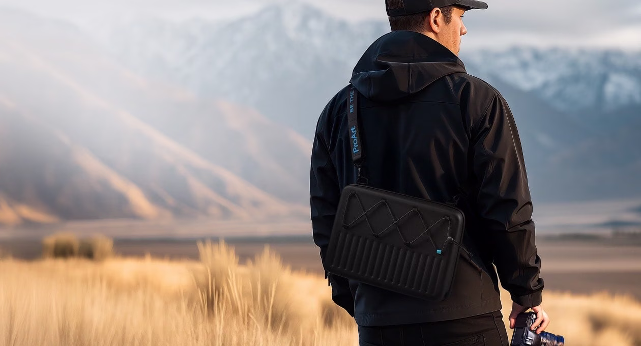 一部黑色笔记本电脑，屏幕上有发光的徽标，旁边放着一个饰有 GoPro 风格细节设计的同款保护套，背景是深色坚固表面。