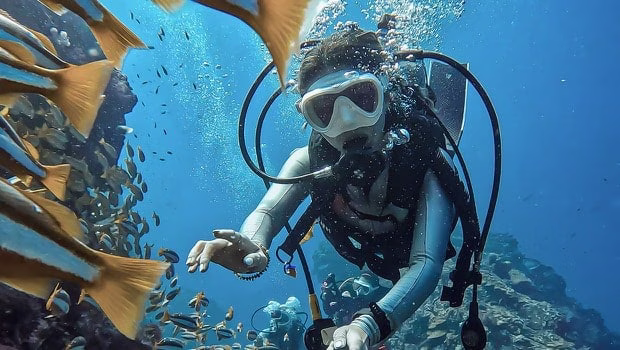 一名身着全套潜水装备的潜水员在水下，周围环绕着珊瑚和小鱼。他伸出一只手，阳光通过蔚蓝的海水洒下斑驳的光影。 