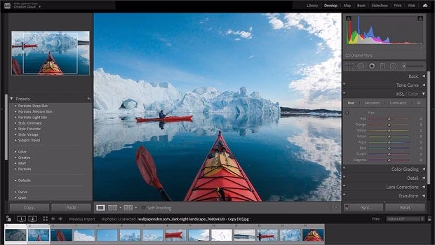 笔记本电脑屏幕画面执行的 Adobe Lightroom Classic 正在进行 RAW 影像编辑工作流程。其中开启一张峡谷风景照片，可以看到多个调整面板和缩图。 