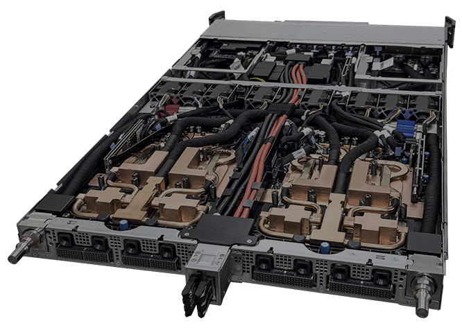 配备 NVIDIA GB300 超级芯片、BlueField-3 DPU、ConnectX-8、风扇和散热模块的计算托盘俯视图。