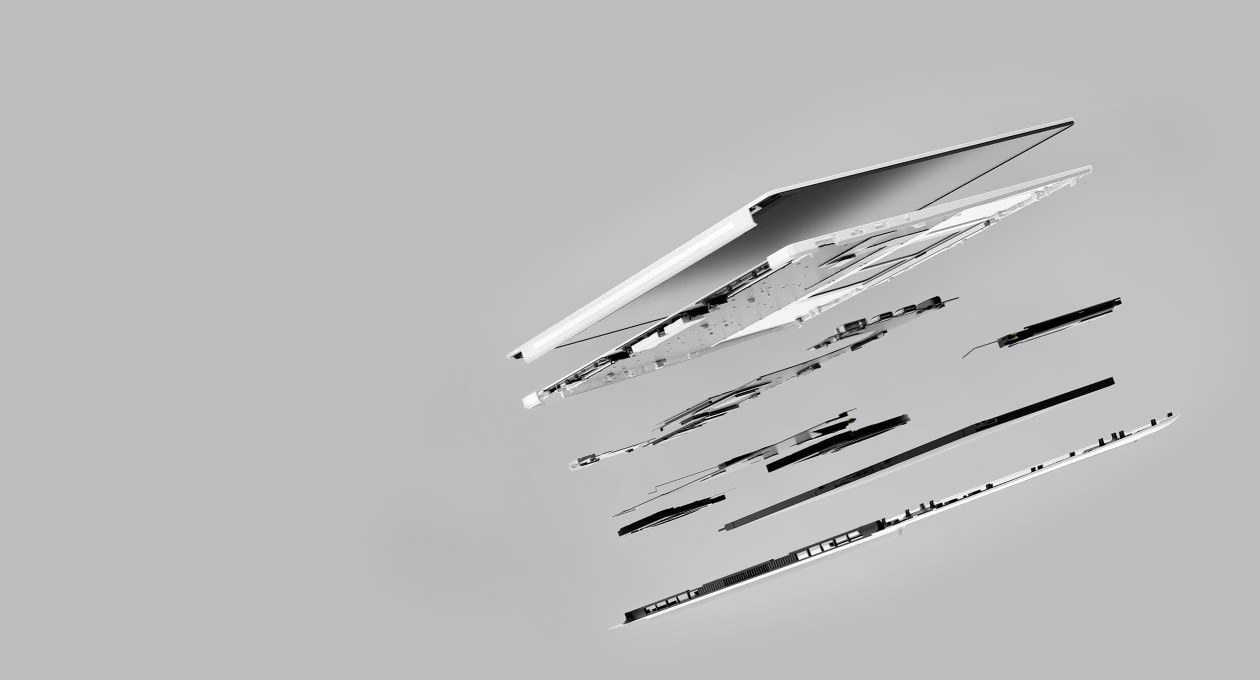 An exploded view of the ASUS Zenbook S16 reveals its precision-engineered internals and silent cooling system built for powerful, quiet performance. 