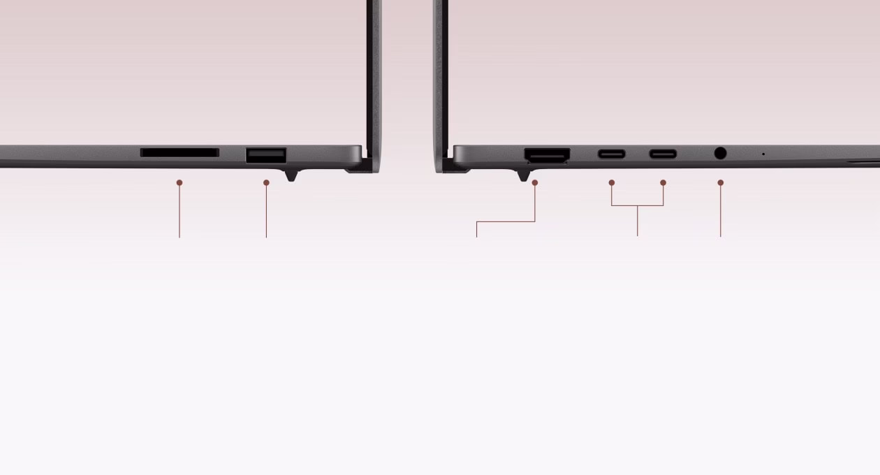 Showing each side of two gray ASUS Zenbook S16 to demonstrate IO ports. 