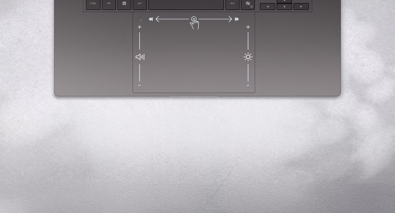 Viewed from the top, the image shows laptop’s touchpad with smart gesture controls. Swiping left adjusts the volume, swiping right controls brightness, and swiping upward scrubs through the video timeline.
