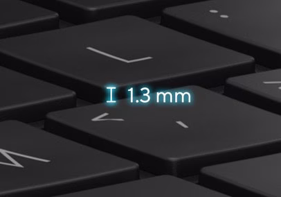 Close-up view of a key on ErgoSense keyboard highlighting the long 1.3 mm key travel.