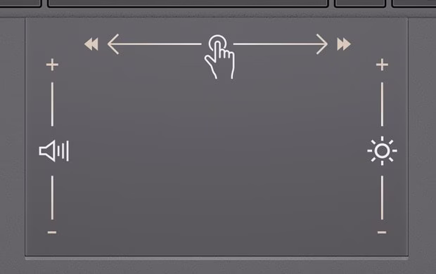The laptop’s touchpad shows swiped up and down on the left and right sides to adjust volume and brightness, and swipe left or right along the top edge to control video playback.