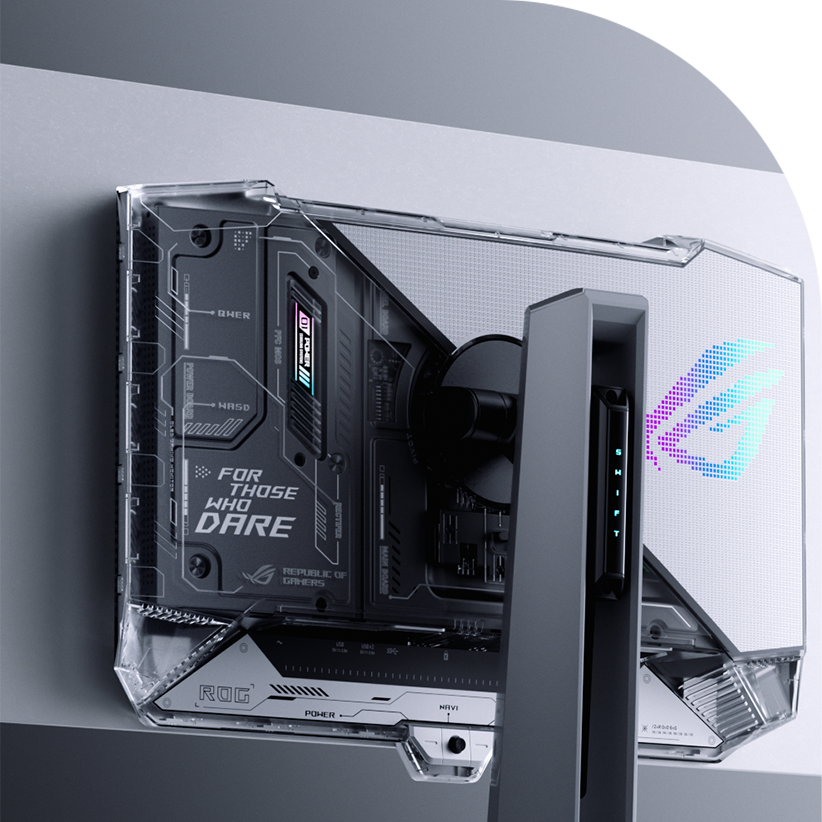 高科技 ROG OLED 游戏显示器背面的特写镜头，透明外壳揭示了复杂的内部组件和设计元素。