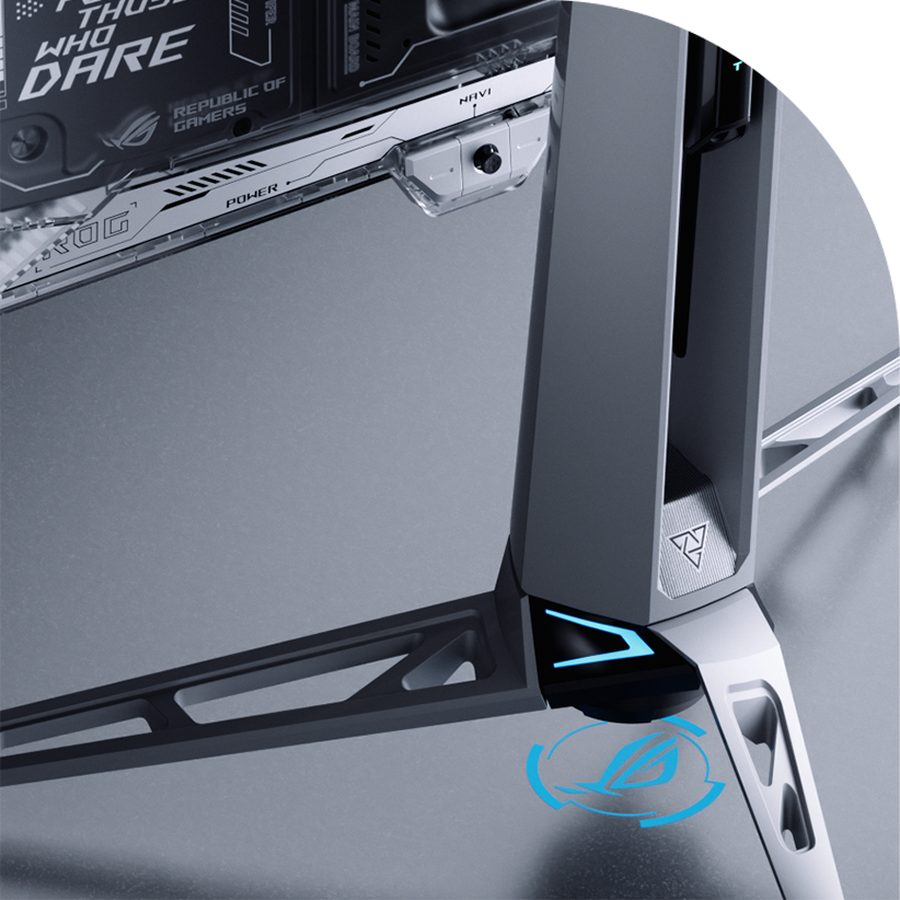 ROG OLED 显示器底座特写，展示了其银灰色配色、棱角分明的结构和蓝色 LED 点缀的未来派设计