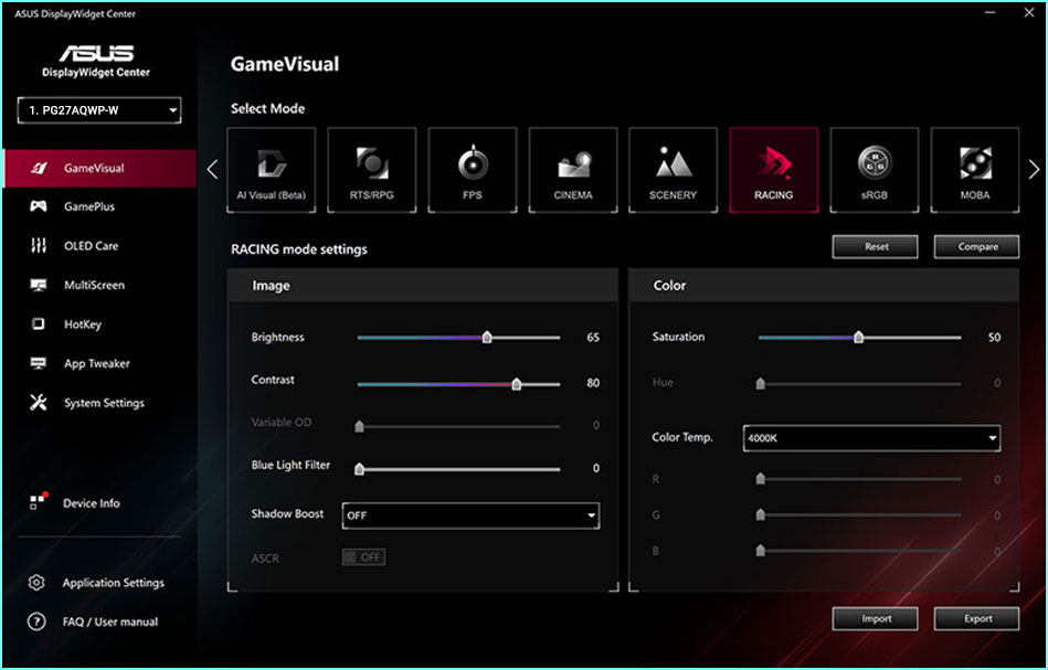 显示全新的 ASUS DisplayWidget Center UI 的屏幕截图，显示系统设定、OLED 功能等。
