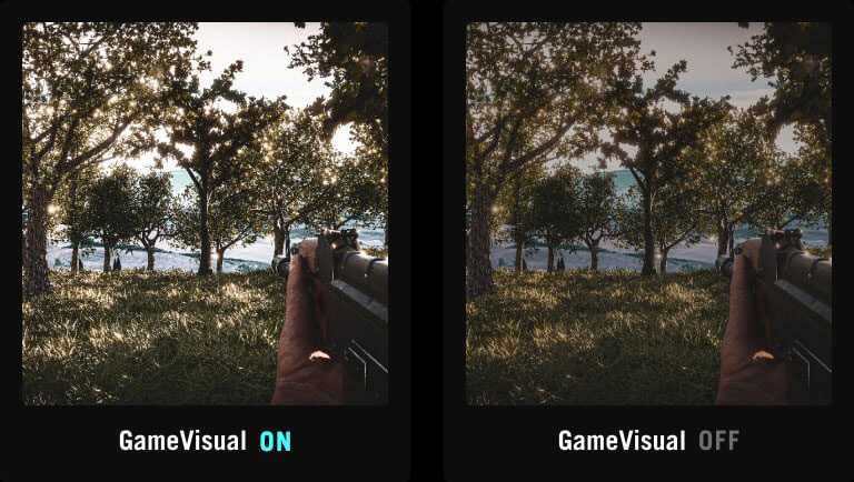 色彩鲜艳的 FPS 游戏截图 / 与前一张相同的 FPS 游戏截图，但颜色较不鲜艳