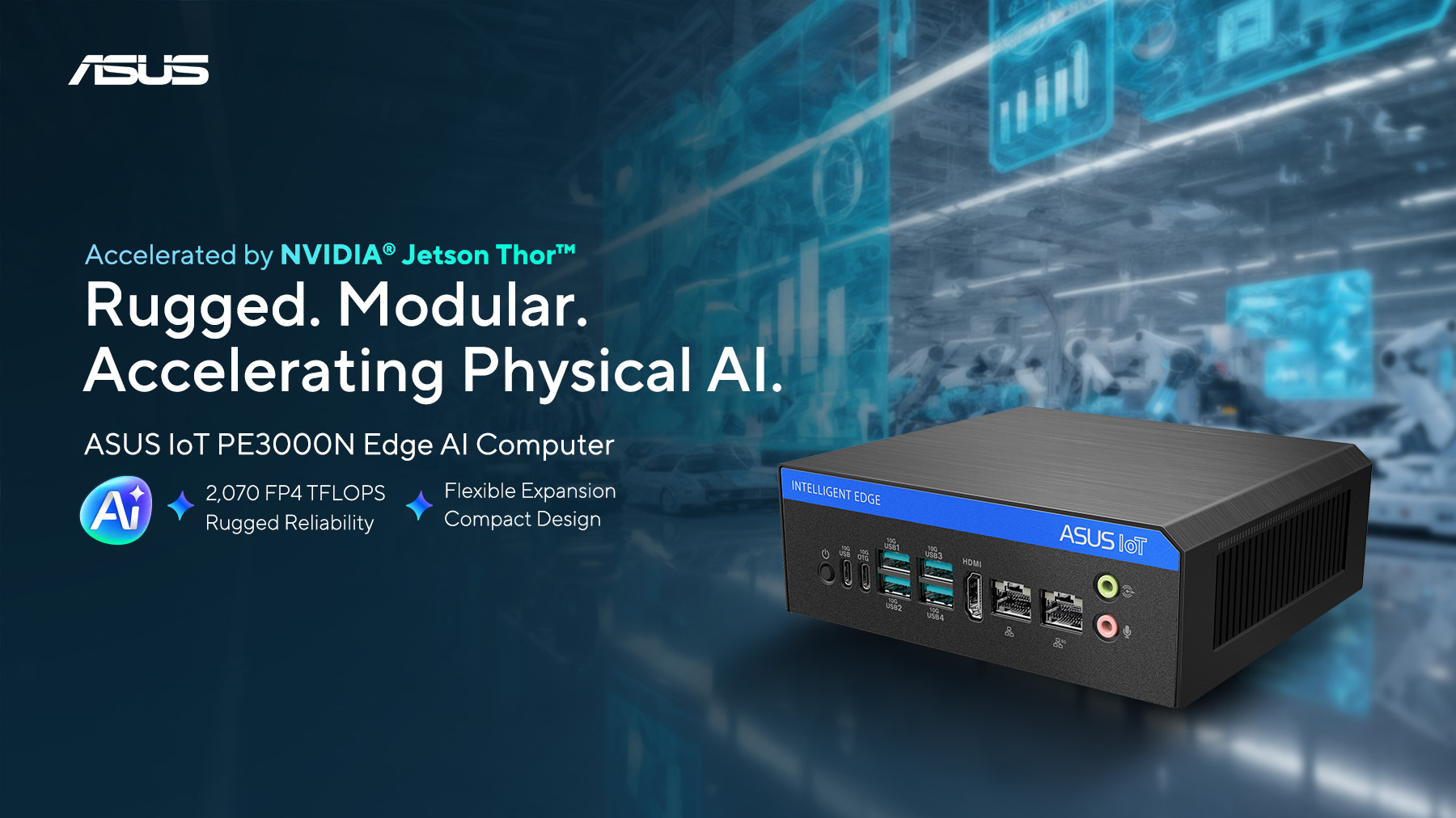 ASUS IoT PE3000N Edge AI Computer key visual banner featuring a sleek, black device with ports. Text highlights Nvidia Jetson AGX Thor power and AI capabilities.
