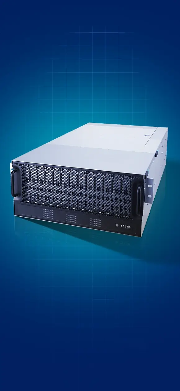 一款流线型的灰色服务器机架 ASUS VS320D-RS78J，置于带有网格线的数字蓝色背景前。