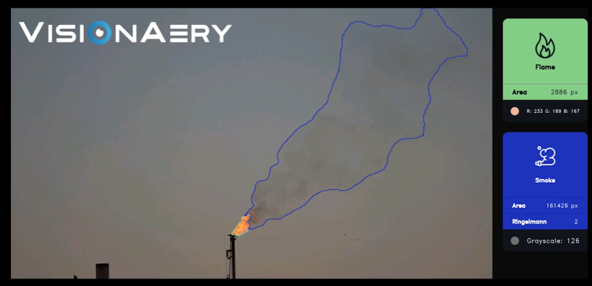 The image displays an interface showing the detection of a flare, which is outlined by blue lines. On the right side of the interface, there are detection instructions and data related to the flare.