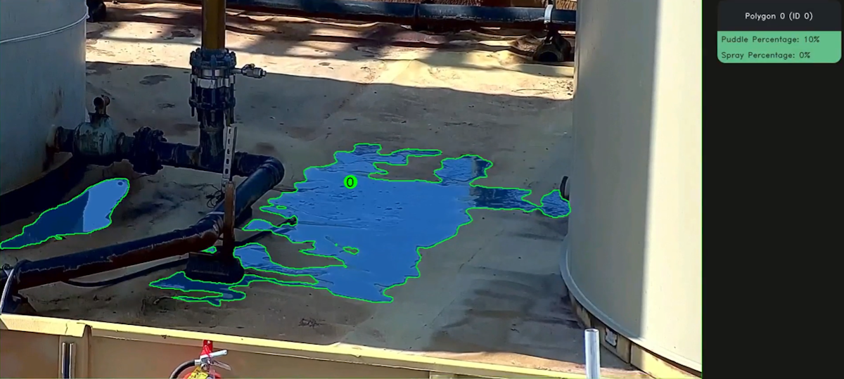 Water leakage outlined in green near pipes and tanks; instruction panel on the right shows 'Puddle Percentage: 10%, Spray Percentage: 0%'.