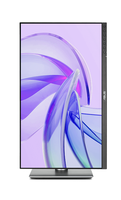 一台以直立模式显示的 ASUS ProArt 显示器,屏幕上显示抽象的紫蓝色图形。
