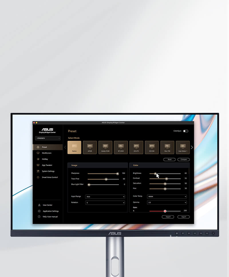 ProArt 显示器呈现适用于 macOS 的 ASUS DisplayWidget Center 界面,具有可调整的设置。