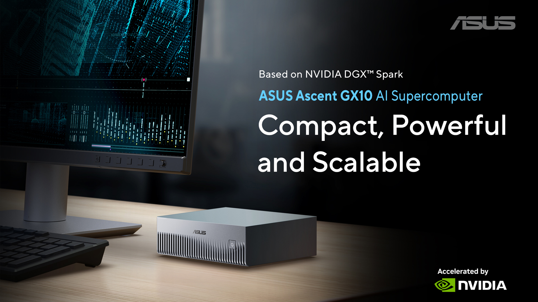 Personal AI supercomputer next to monitor and keyboard