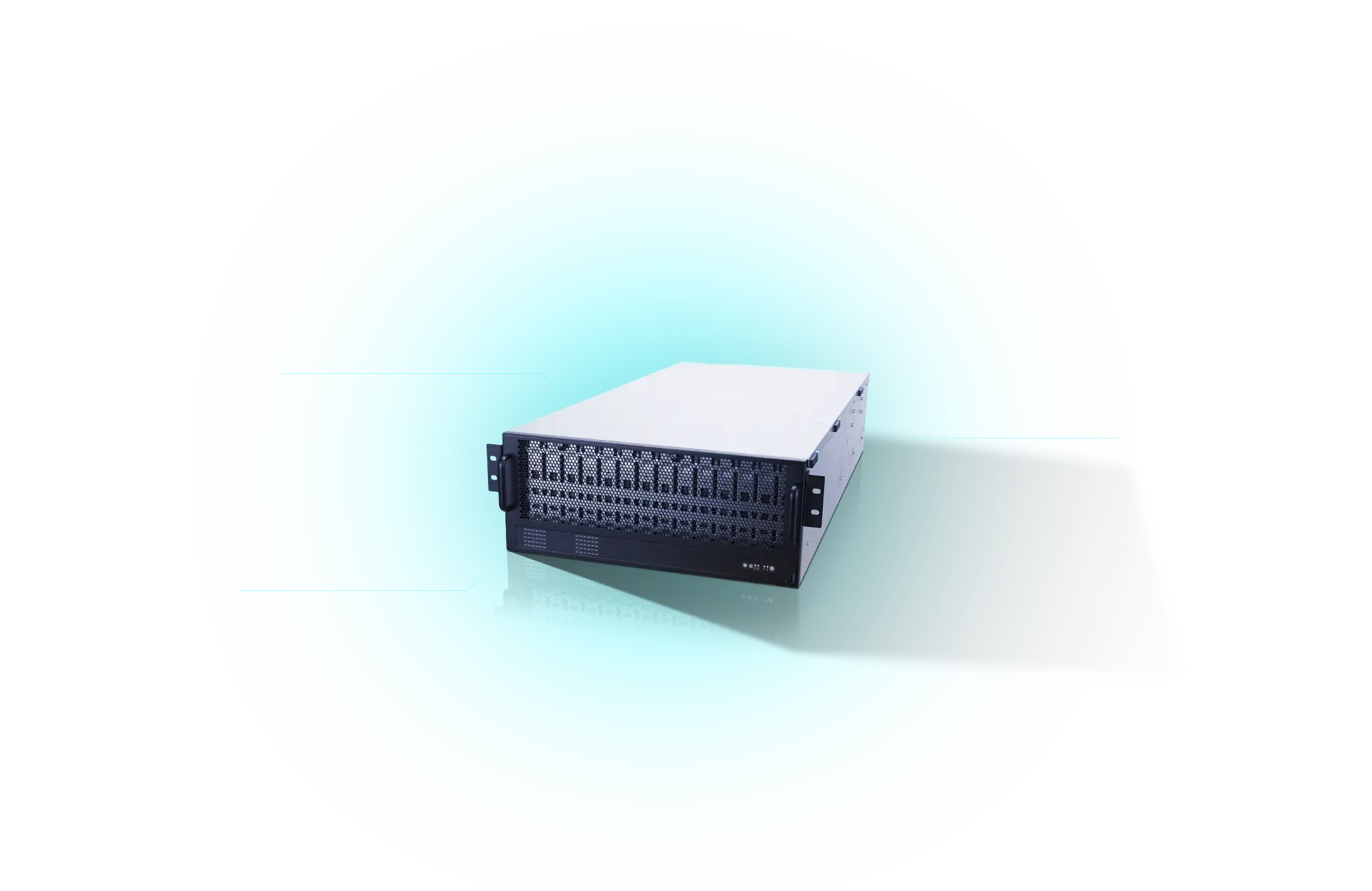 一款造型流畅的灰色服务器机架 ASUS OJ340A-RS60，其黑色前面板配有通风孔和控制按钮，背景为带有网格线的数字蓝。