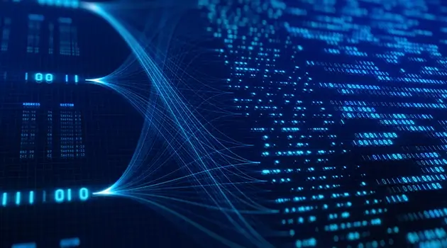 深色背景上的蓝色数字线条和二进制代码，暗示着数据流与科技。这张图片洋溢着未来感与动感。