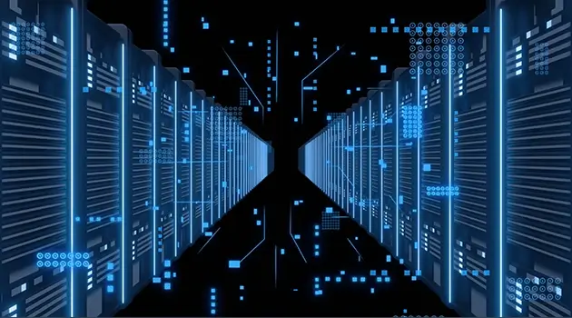 一条充满未来感的机房走廊，两侧排列着发出蓝光的服务器机架。数字数据符号漂浮在黑暗而充满高科技氛围的空间中。